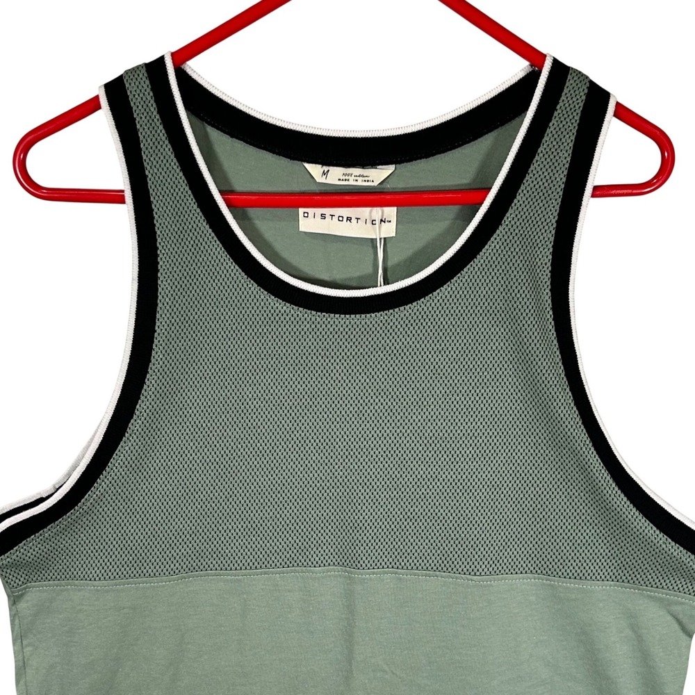 Distortion Mens Sage Green Mesh Panel Cotton Tank Top Sleeveless‎ Shirt Size M